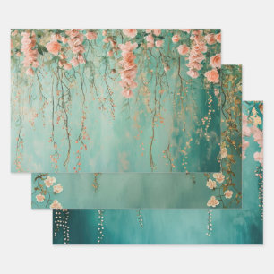 Romantische Teal Blush Bloemen Bruiloft Inpakpapier Vel