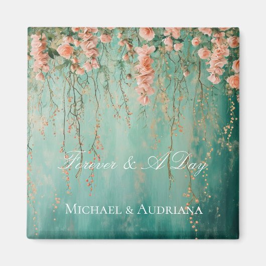 Romantische Teal Blush Perzik Bloemen Bruiloft Magneet (Voorkant)