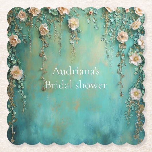 Romantische Teal Blush Roze Bloemen Bruiloftsfeest Kartonnen Onderzetters (Voorkant)