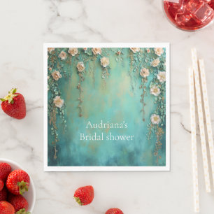 Romantische Teal Blush Roze Bloemen Bruiloftsfeest Servet