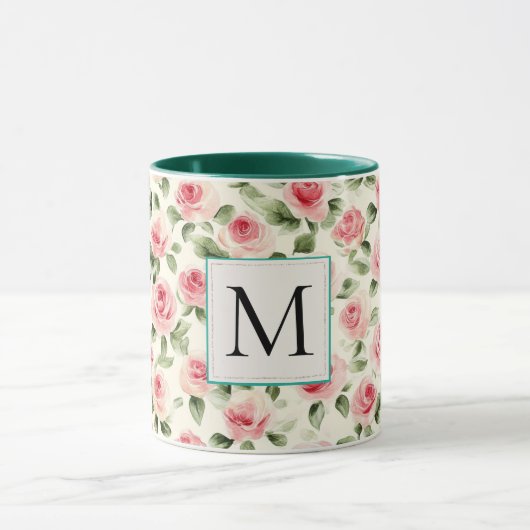 Romantische Teal Blush Roze Rozen Bloemendrielette Mok (Midden)
