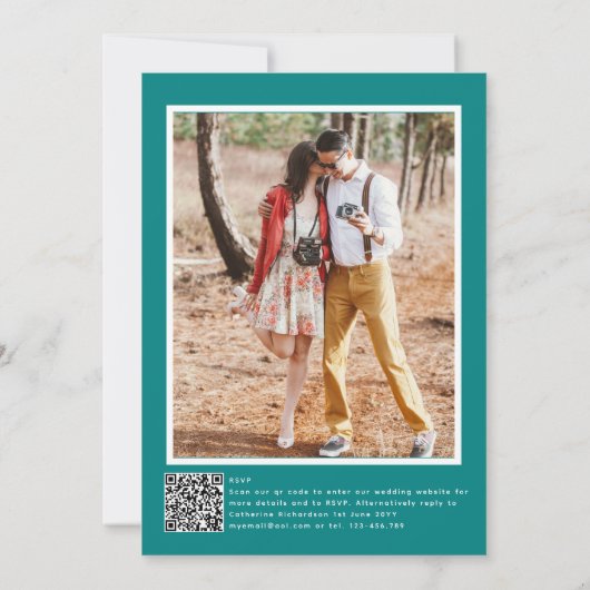 Romantische Teal Foto QR-code RSVP Trouw Kaart (Achterkant)