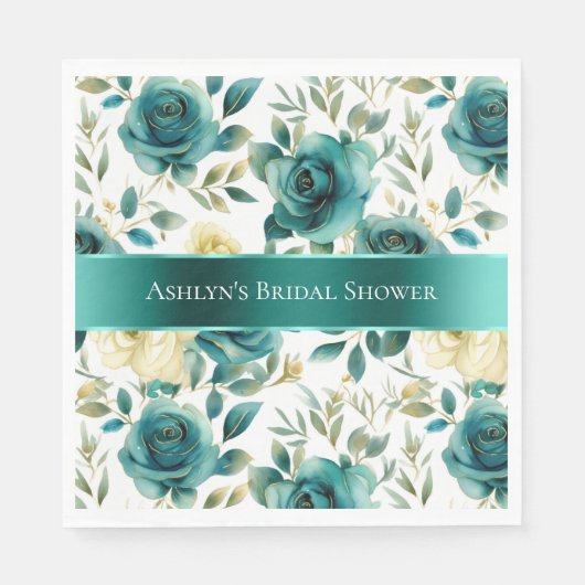 Romantische Teal Groene Crème Roos Bloem Servet (Voorkant)