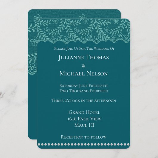 Romantische Teal Kant Bloem Wit Parel Bruiloft Kaart (Voorkant / Achterkant)