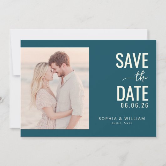 Romantische Teal Minimalistische Foto Save The Date (Voorkant)
