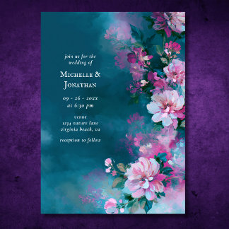 Romantische Teal Roze Bloemen | Bloemachtige Trouw Kaart