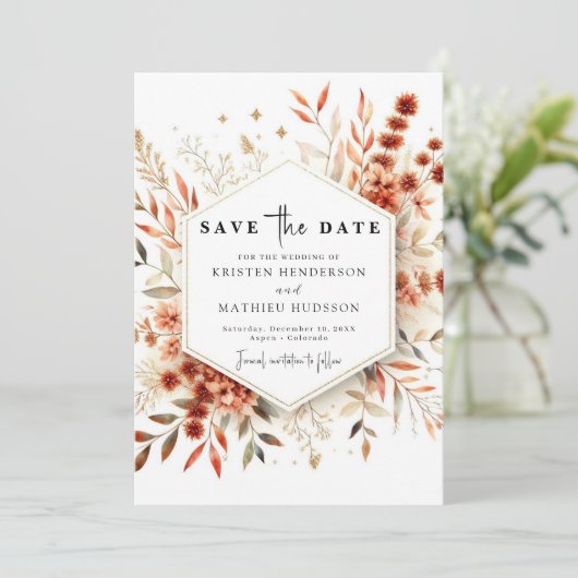 Romantische Terracotta bruiloft Save The Date (Staand voorkant)