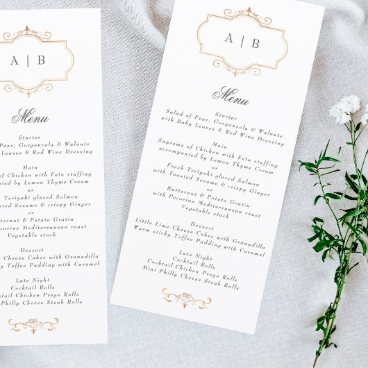 romantische traditionele goudmonogram bruiloft menu