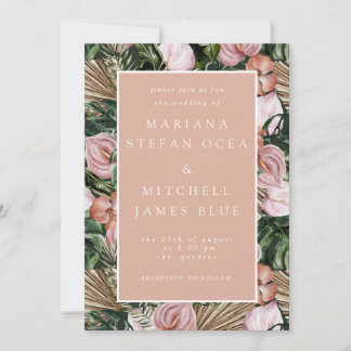 Romantische Tropische Bloemen Zachte Roze Groene P Kaart