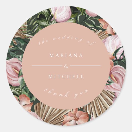 Romantische Tropische Bloemen Zachte Roze Groene P Ronde Sticker (Voorkant)