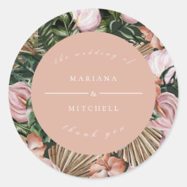 Romantische Tropische Bloemen Zachte Roze Groene P Ronde Sticker
