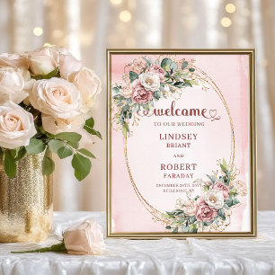 Romantische Trouw Welkom Blush Bloemen Groene Blad Poster