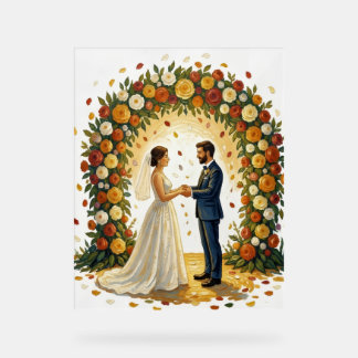 Romantische Trouwboog Gouden Rozen Koppel Acryl Bord