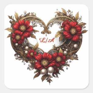 ✨ Romantische Trouwdag Met Rode Bloemhart ✨ Vierkante Sticker