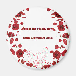 Romantische trouwdatum magneet - Rode Rozen & Duiv