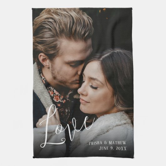 Romantische trouwfoto, liefde, namen & datum theedoek (Verticaal)