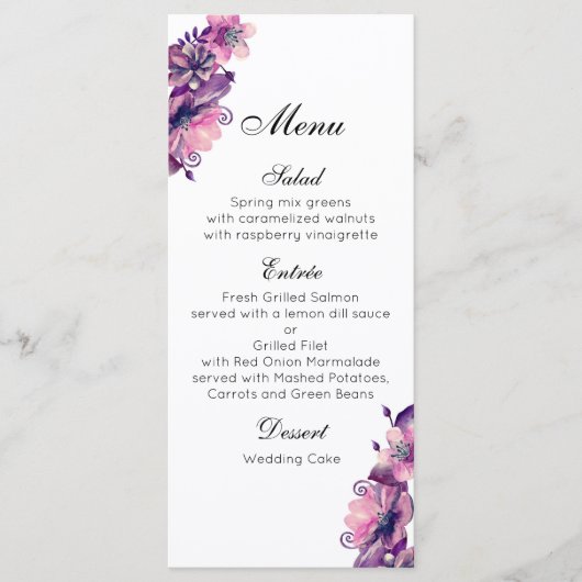 Romantische trouwmenu roze. Paarse dinermenu Menu (Voorkant)