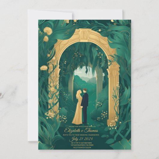 Romantische trouwuitnodiging Emerald Green en Gold Kaart (Voorkant)