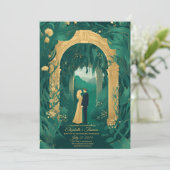 Romantische trouwuitnodiging Emerald Green en Gold Kaart (Staand voorkant)