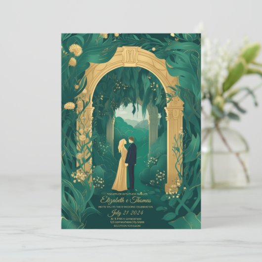 Romantische trouwuitnodiging Emerald Green en Gold Kaart (Staand voorkant)