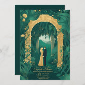 Romantische trouwuitnodiging Emerald Green en Gold Kaart (Voorkant / Achterkant)
