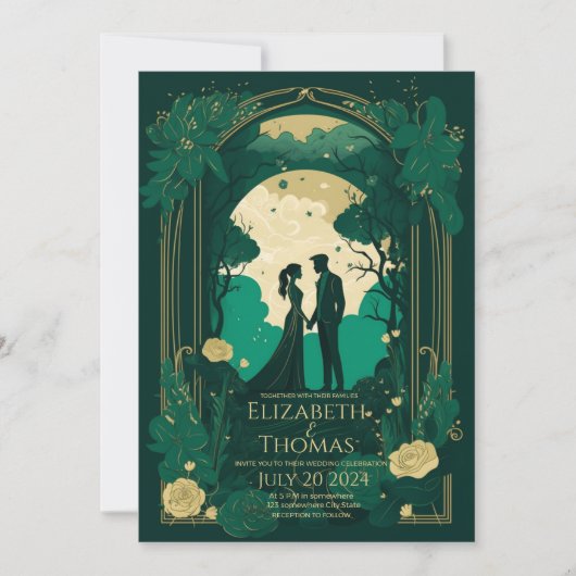 Romantische trouwuitnodiging Green Emerald en Gold Kaart (Voorkant)