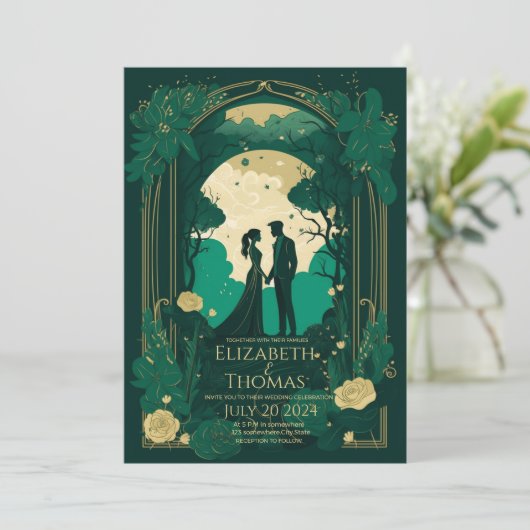 Romantische trouwuitnodiging Green Emerald en Gold Kaart (Staand voorkant)