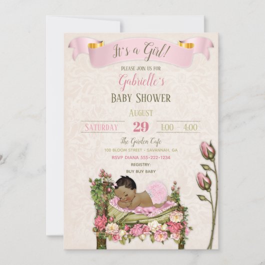 Romantische Tuin Baby shower Roze Groene Rozen Kaart (Voorkant)