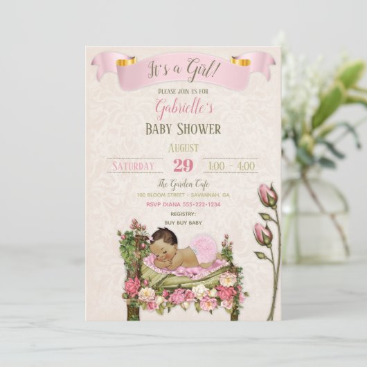 Romantische Tuin Baby shower Roze Groene Rozen Kaart (Staand voorkant)