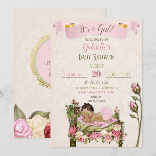 Romantische Tuin Baby shower Roze Groene Rozen Kaart (Voorkant / Achterkant)