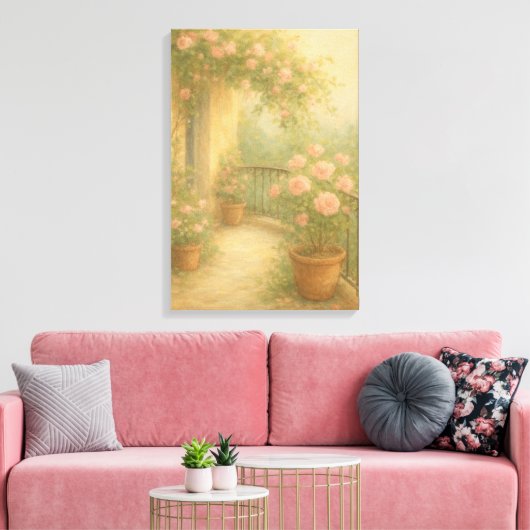 Romantische tuin Balkon in zachte pasteltinten Canvas Afdruk (Insitu (Woonkamer))