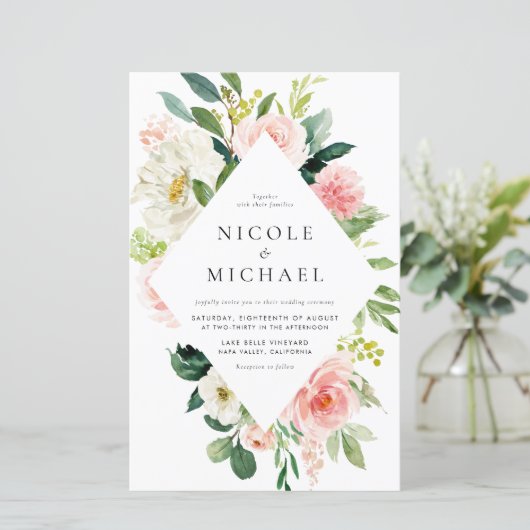 Romantische tuin bloemen lente bruiloft uitnodigin (Staand voorkant)
