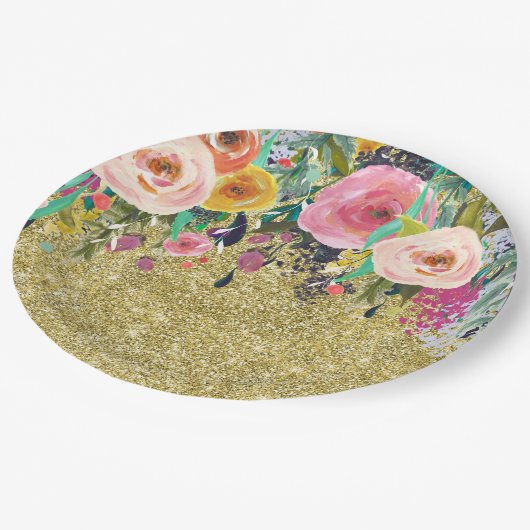 Romantische tuin Bloemen Waterverf Gouden Sparkle Papieren Bordje (Gekanteld)