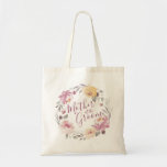 Romantische tuin bloemenmoeder van de bruidegom tote bag<br><div class="desc">Modern moeder van de bruidegom script met waterverf bloemenkrans in gedempt pastelgeel,  perzik en mauve,  elegant en romantisch,  schattig moeder van de bruidegom canvas tassen.</div>