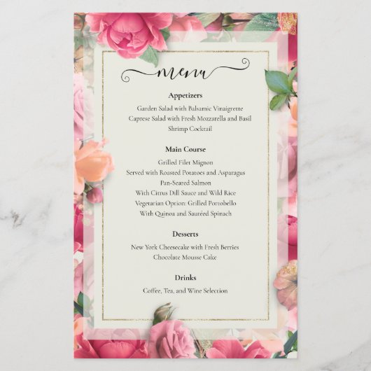 Romantische tuin Bright Floral Roos Wedding Menu (Voorkant)