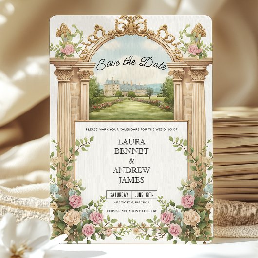 Romantische tuin Chateau Bloemenboog Save the Date Kaart