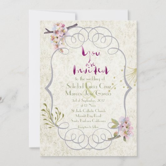 Romantische tuin Magenta Fancy bruiloft uitnodigin Kaart (Voorkant)