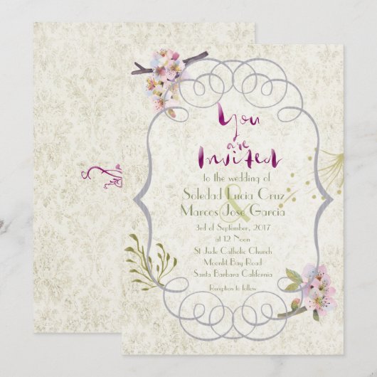 Romantische tuin Magenta Fancy bruiloft uitnodigin Kaart (Voorkant / Achterkant)