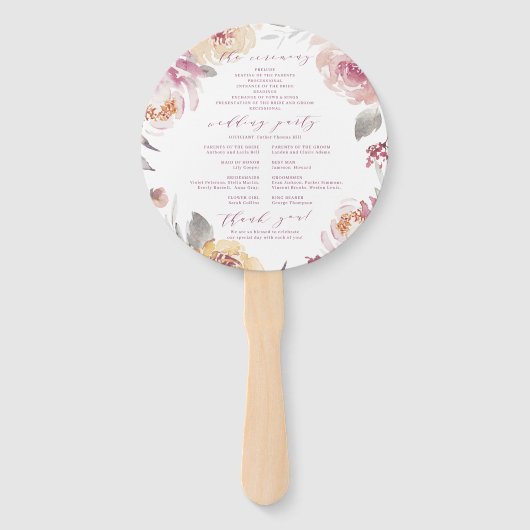 Romantische tuin mauve bloemenbruiloft programma handwaaier (Achterkant)
