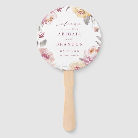 Romantische tuin mauve bloemenbruiloft programma handwaaier (Voorkant)