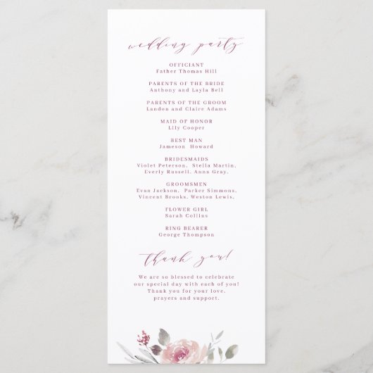 Romantische tuin mauve bloemenbruiloft programma programmakaart (Achterkant)