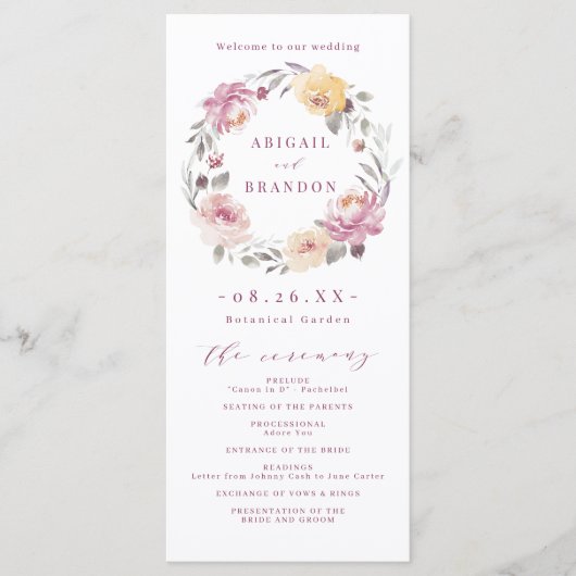 Romantische tuin mauve bloemenbruiloft programma programmakaart (Voorkant)