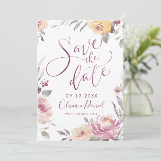 Romantische tuin moderne kalligrafie bespaart datu save the date (Staand voorkant)