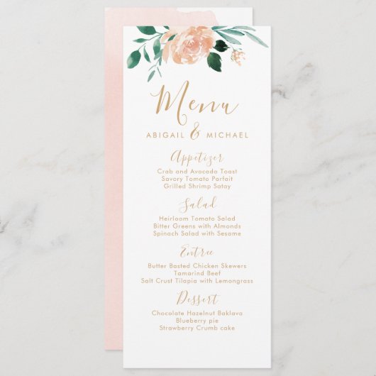 Romantische tuin perzik bloemenbruiloft menu (Voorkant / Achterkant)