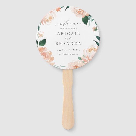 Romantische tuin perzik bloemenbruiloft programma handwaaier (Voorkant)