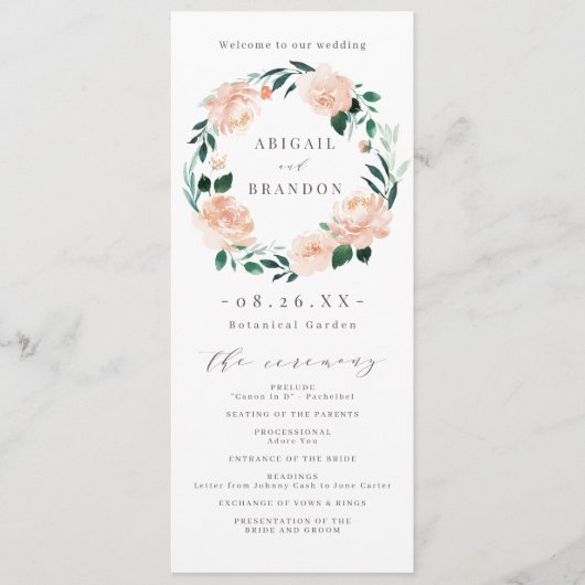 Romantische tuin perzik bloemenbruiloft programma programmakaart (Voorkant)