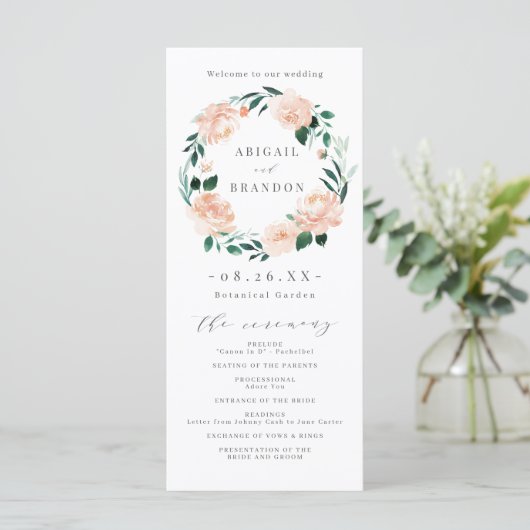 Romantische tuin perzik bloemenbruiloft programma programmakaart (Staand voorkant)