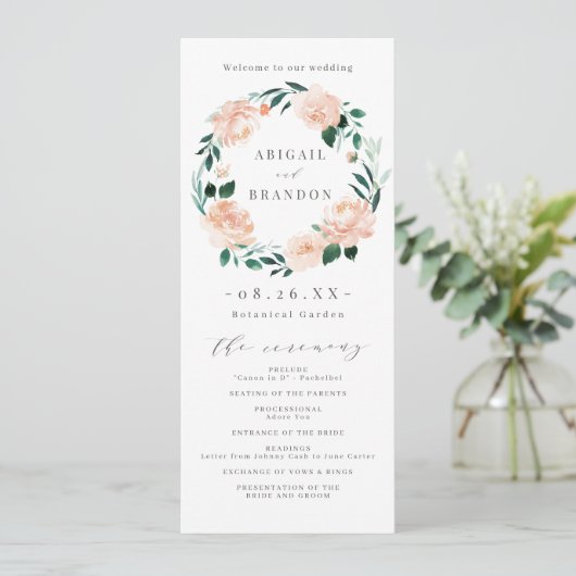 Romantische tuin perzik bloemenbruiloft programma programmakaart (Staand voorkant)