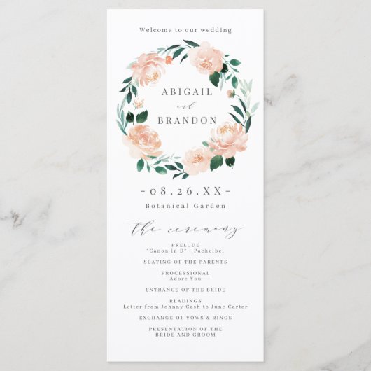 Romantische tuin perzik bloemenbruiloft programma programmakaart (Voorkant)