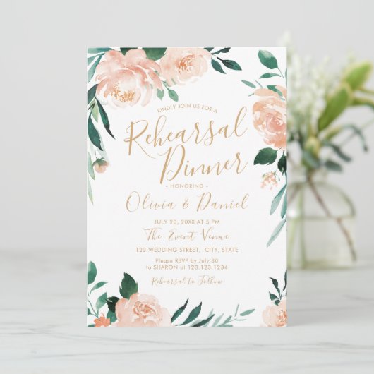 Romantische tuin perzik bloemenrepetitie diner kaart (Staand voorkant)